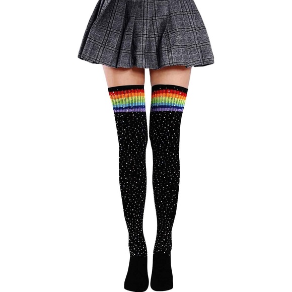 🌈 Sexy Bling Rhinestone Over The Knee Rainbow Socks - Picture 3 of 12